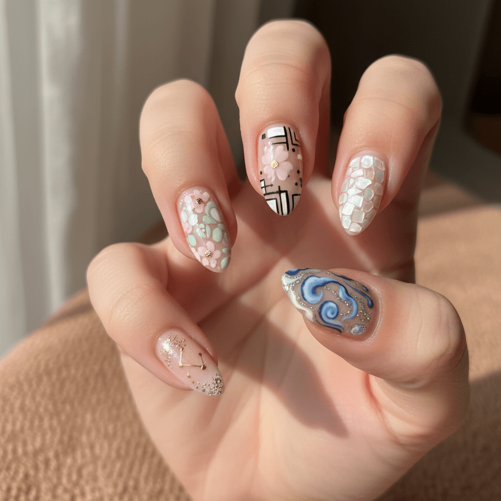 Main avec nail art détaillé, lumière naturelle