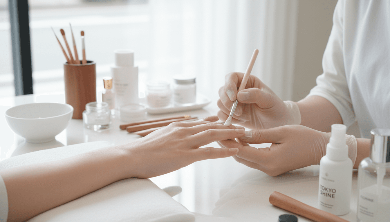 nail art brushes and polish bottles arranged neatly on clean white surface