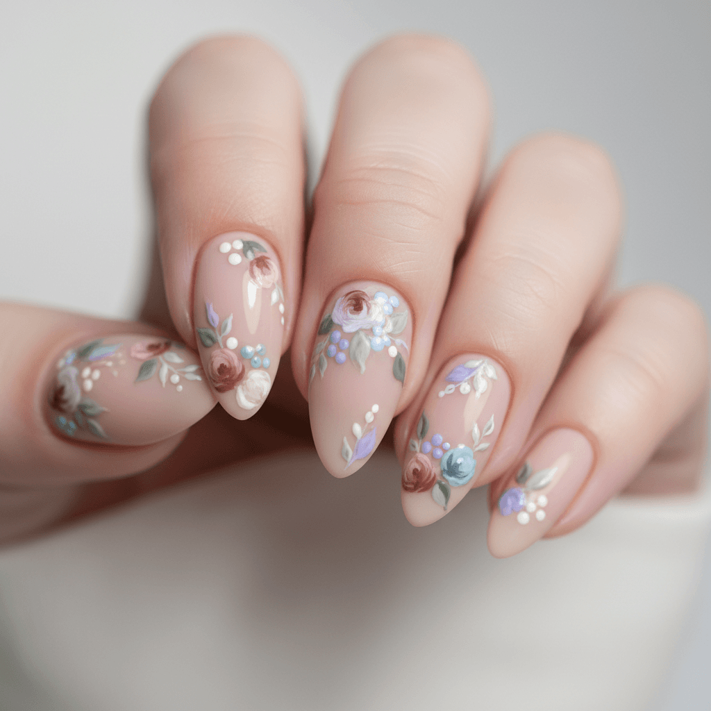 Motif floral peint à la main sur ongles, tons pastel sur fond neutre