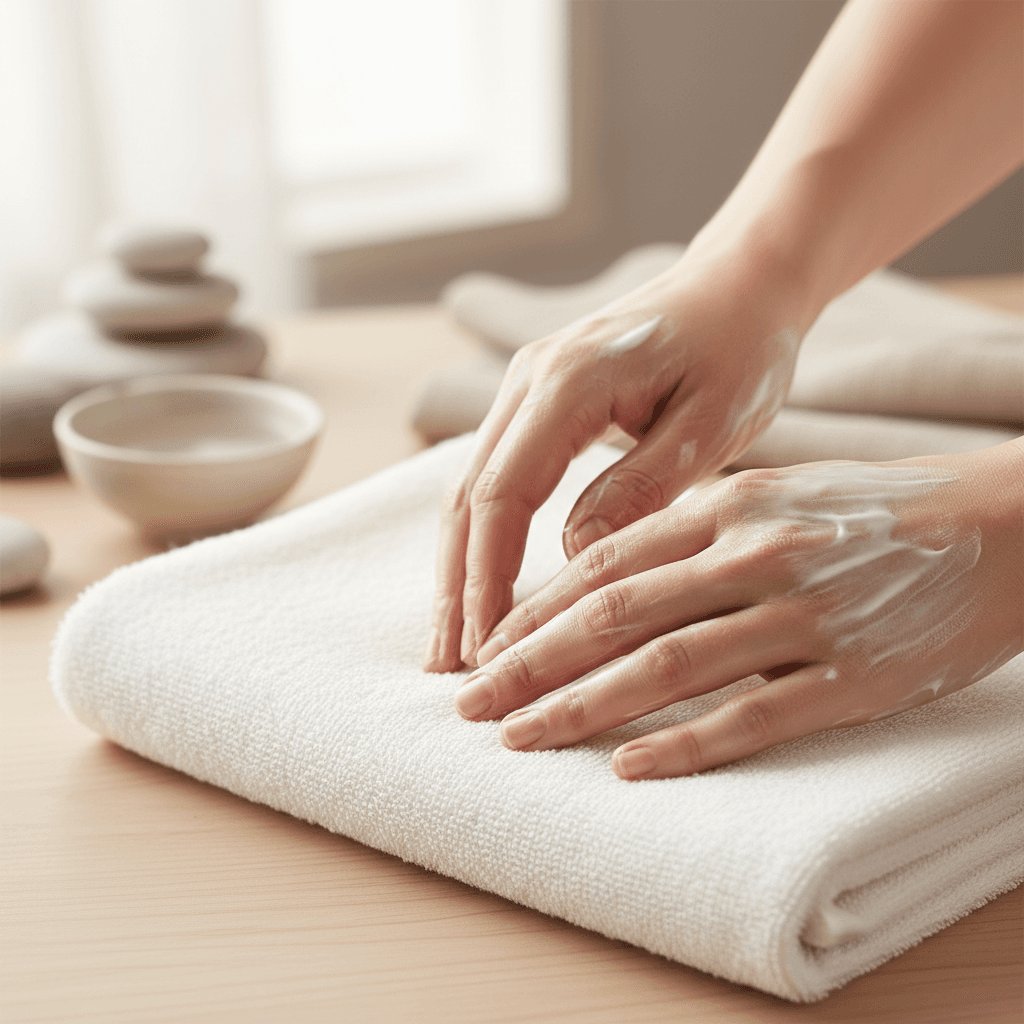 Mains massées avec une crème blanche sur une serviette propre