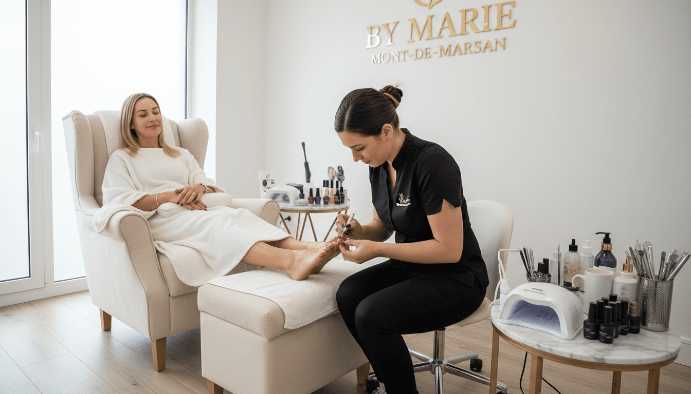 Esthéticienne réalisant une pédicure sur une cliente relaxée dans un fauteuil blanc d'un institut.