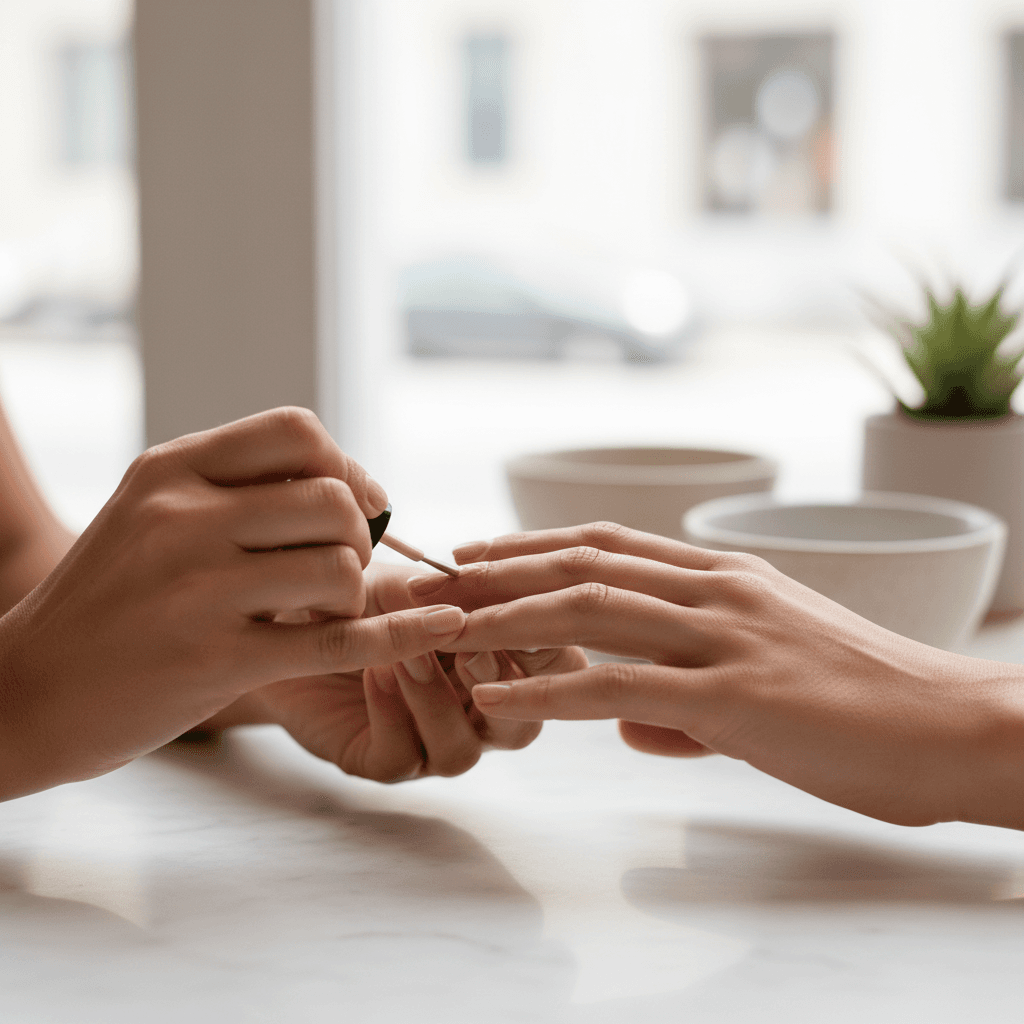 Main posée sur une table, application de vernis nude avec précision