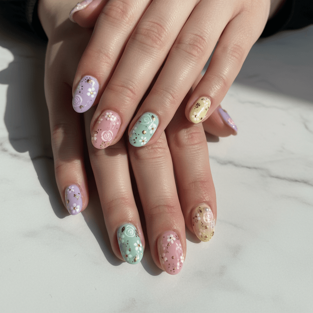 Nail art floral pastel sur ongles courts en amande