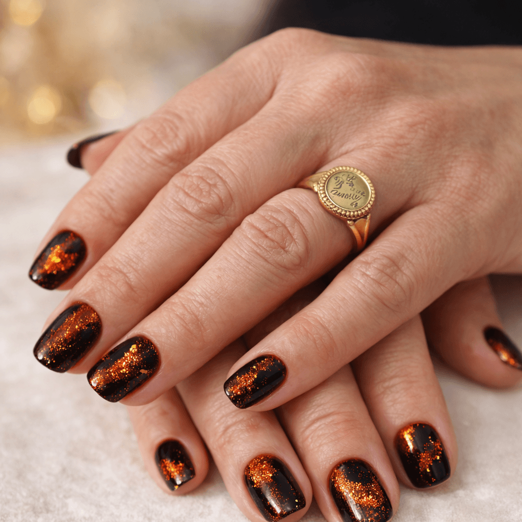 Manucure sombre aux éclats orange scintillants, main ornée d'une bague chevalière en or gravée.
