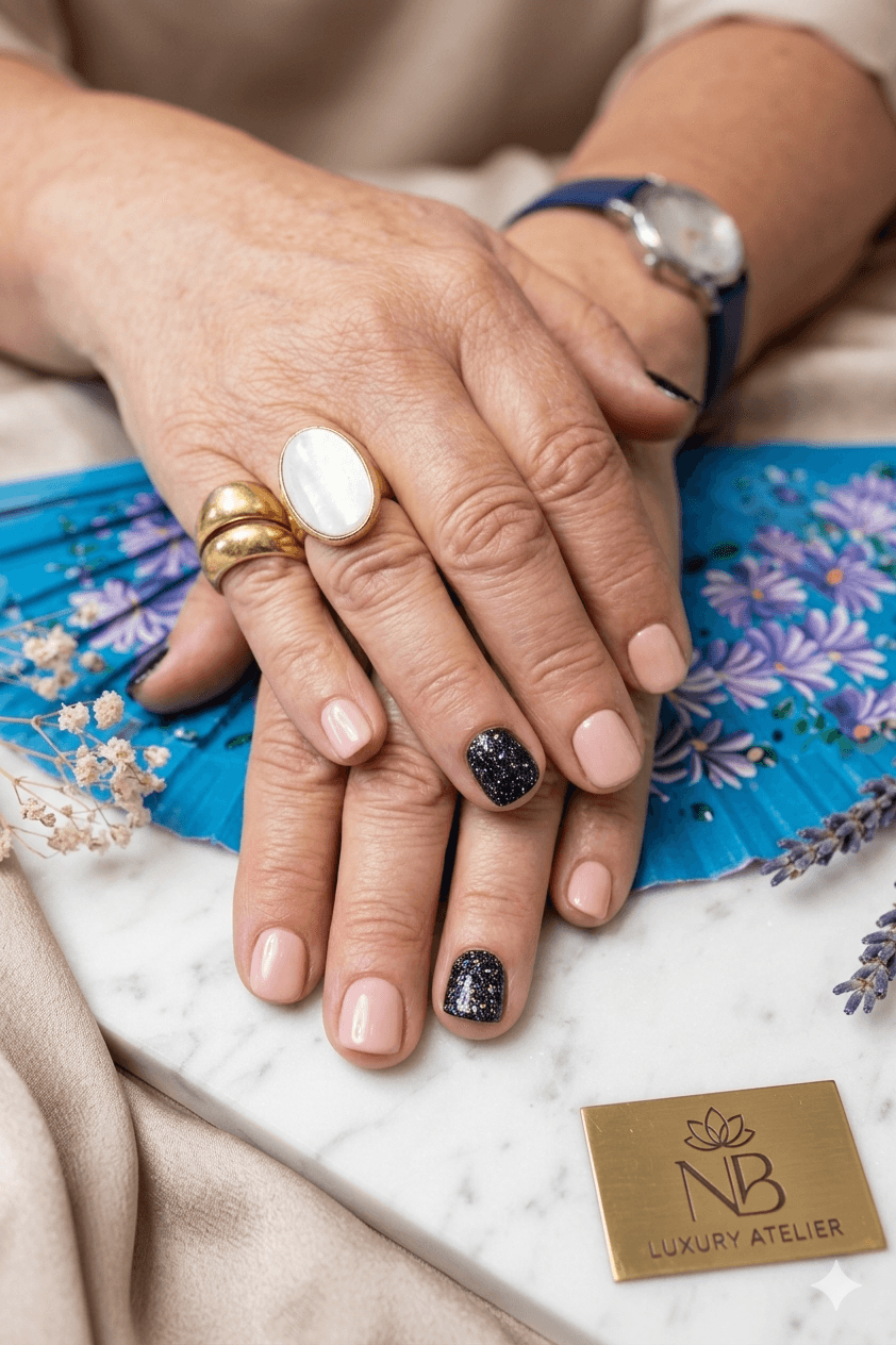 Mains manucurées rose et noir pailleté avec bagues dorées sur un éventail bleu fleuri.